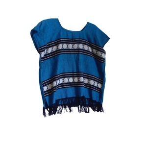 Mexican Huipil Poncho TopTurquoiseBlue Embroidered Fringe Boho Sleeveless SIZE M